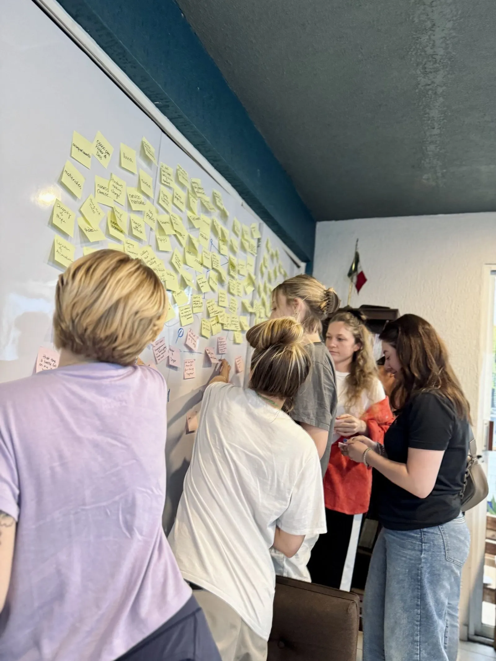 Students mapping ideas on a wall covered in sticky notes